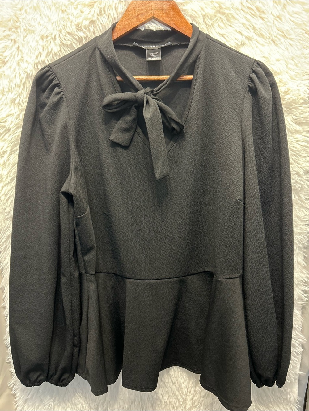 Ashley Stewart Black Tie-Neck Long Sleeve Peplum Top